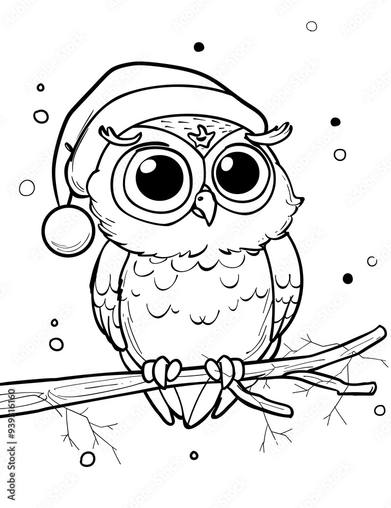 Fototapeta premium Christmas Owl Wearing a Santa Hat. Owl Coloring Pages