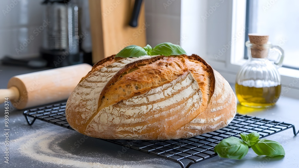 a close-up of freshly baked artisan gluten-free bread on a cooling rack in a modern kitchen a touch of fresh basil leaves and a jar of olive oil to enhance the gourmet a close-up of freshly baked artisan gluten-free bread on a cooling rack in a modern kitchen a touch of fresh basil leaves and a jar of olive oil to enhance the gourmet