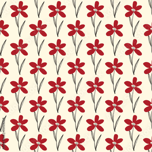 Cute bizarre red flowers seamless pattern in doodle style