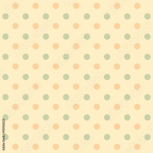A vintage-inspired pattern with a yellow background, featuring green and orange dots. Ideal for nostalgic, retro designs on mobile, tablet, web, and various graphic and print design applications.
