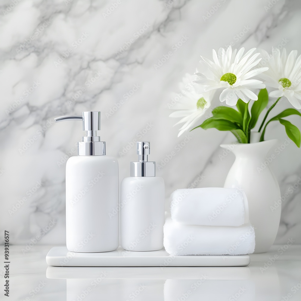 White Soap Dispenser Bottles and Towels on Marble Countertop White Soap Dispenser Bottles and Towels on Marble Countertop