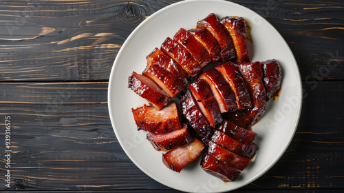 Char siu, sliced barbecue pork, is resting on a dark wooden surface photo