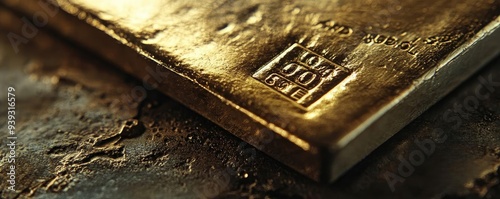 Close-up of a gold bar showcasing its texture and hallmark, symbolizing wealth and investment in precious metals.