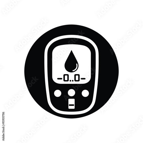 Black Silhouette Glucose Meter Icon with Droplet – Blood Sugar Level Monitoring Vector Illustration