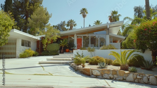 A mid-century modern house showcasing distinctive design elements and drought-tolerant landscaping, reflecting a blend of retro and contemporary styles. photo