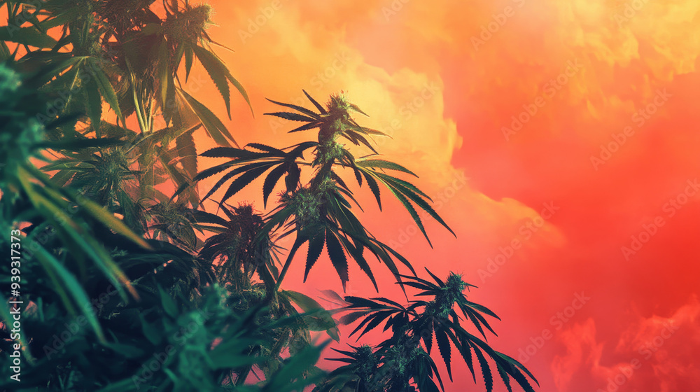 Naklejka premium Vibrant cannabis plant against a vivid sunset sky background.