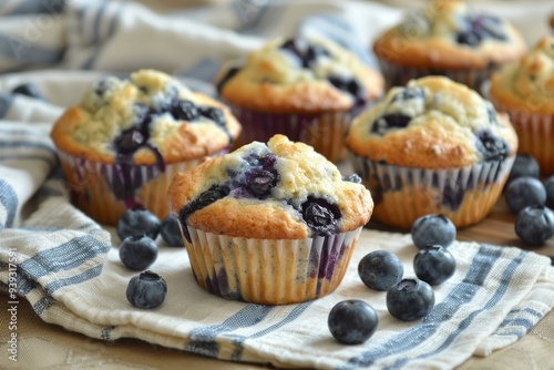 Freshly baked blueberry muffins cooling on a blue and white striped napkin, ready to be enjoyed