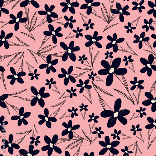 Stylized creative vibrant quirky expressive floral pattern in 60s in bright pink and red juicy colors