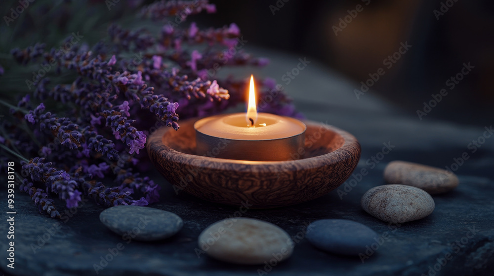 Lit spa candle with lavender flowers and smooth stones. Lit spa candle with lavender flowers and smooth stones.