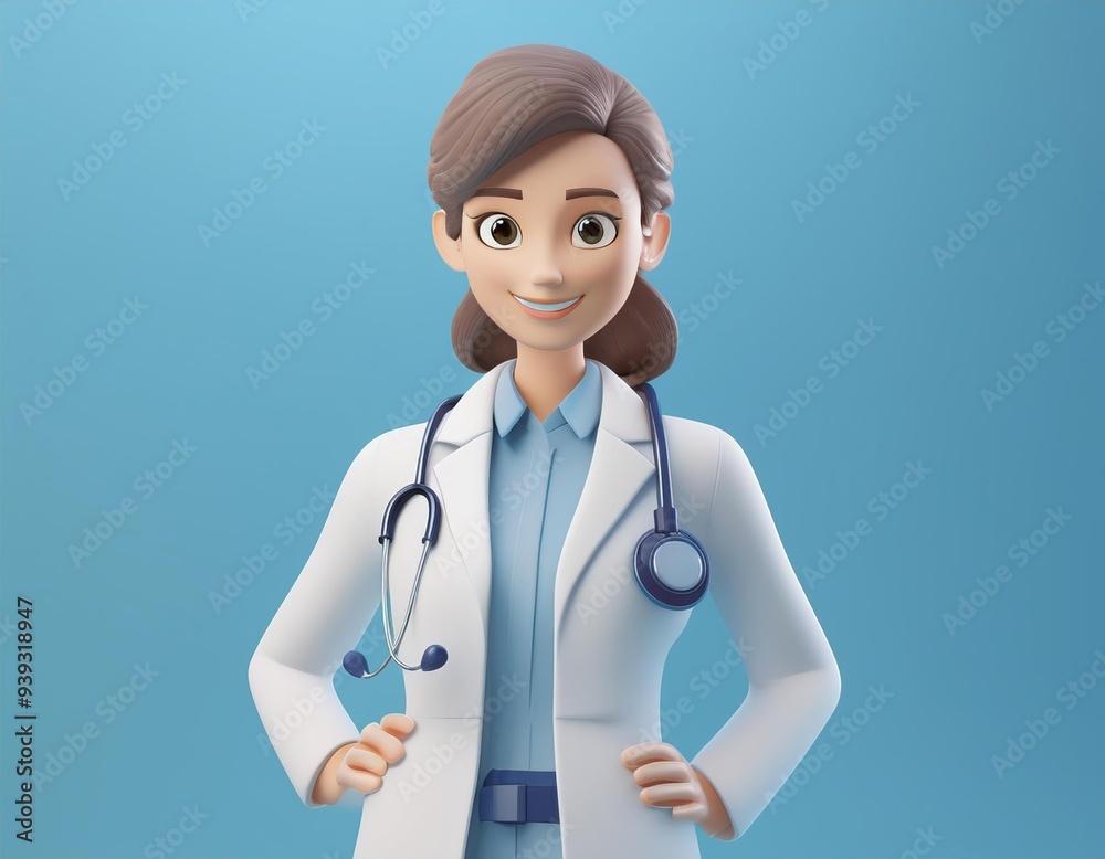 Smiling doctor with a stethoscope around her neck stands with her hands on her hips Smiling doctor with a stethoscope around her neck stands with her hands on her hips