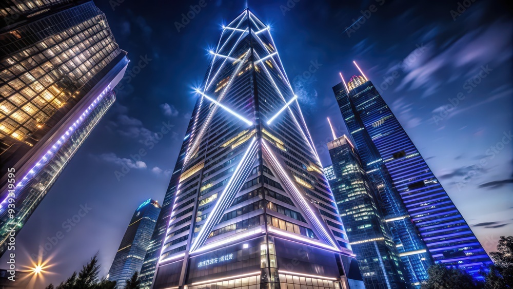 Fototapeta premium Modern Skyscrapers Illuminated at Night in a City