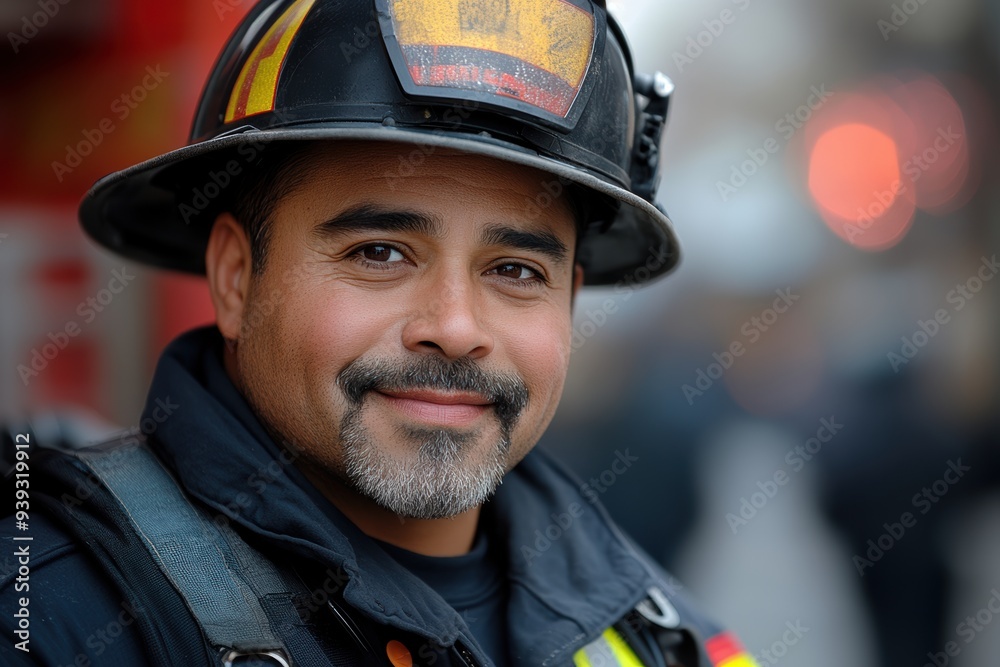 Smiling Firefighter in Full Gear During Duty Smiling Firefighter in Full Gear During Duty