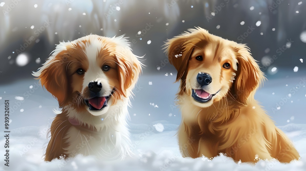 Two happy dogs playing in the snow with snowflakes falling around them Two happy dogs playing in the snow with snowflakes falling around them