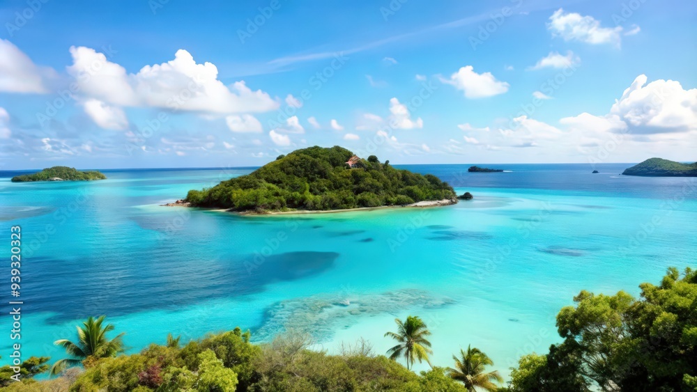 Naklejka premium Tropical Island with Lush Vegetation and Azure Waters