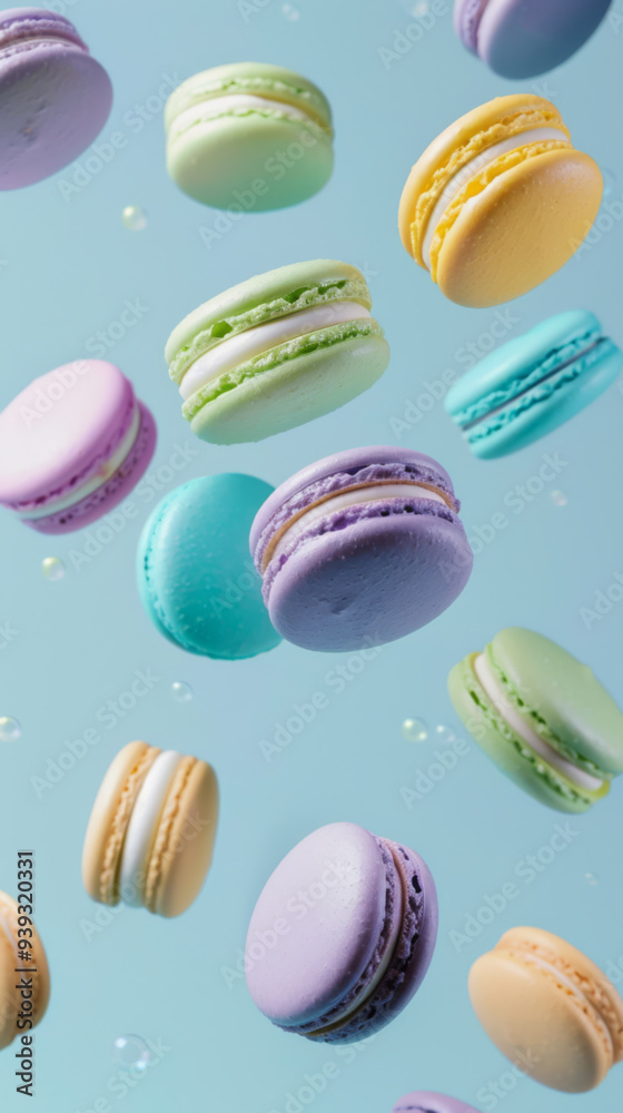 Obraz premium Floating Pastel Macarons on Light Blue Background