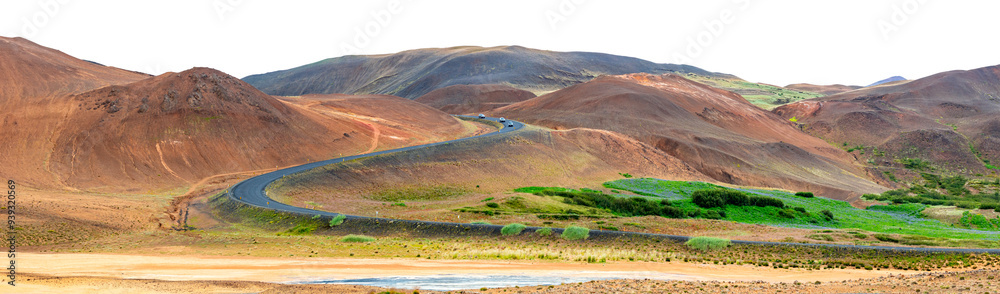 Panorama of serpentine road in mountains and valleys. Iceland, Europe. Isolated on white.