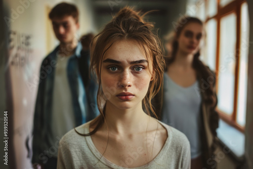 Teen Girl Standing Out in a School Hallway