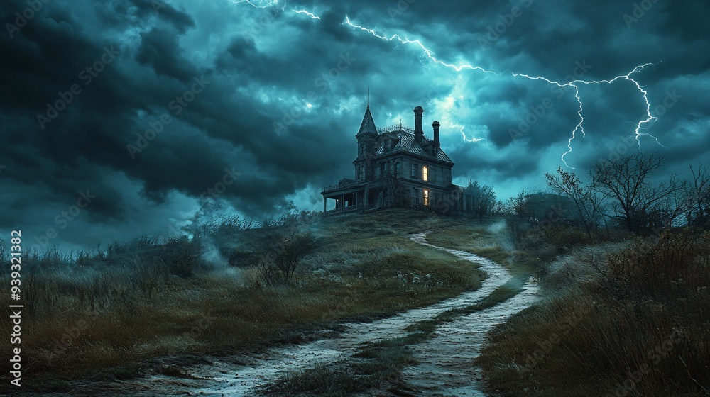 Fototapeta premium Haunted Mansion in Stormy Night - Eerie Scene of Spooky House with Lightning Strikes on Dark Sky