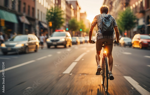 Cyclist or commuter who travels around the city by bike in summer, goes to work, does errands or shopping