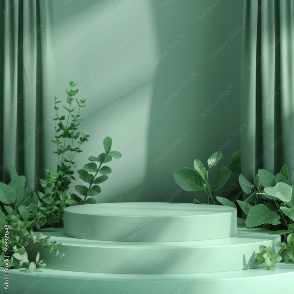 Minimalist Green Podium with Lush Foliage Minimalist Green Podium with Lush Foliage