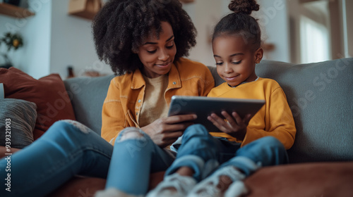 A mother and daughter are sitting on the couch, happily using a tablet. The cozy setting conveys warmth, family bonding, and digital learning in a home environment.