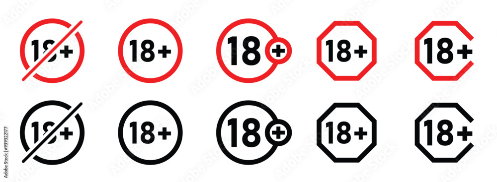 warnings minors 18 years old, black and red icons, illustration of century restriction warnings minors 18 years old, black and red icons, illustration of century restriction