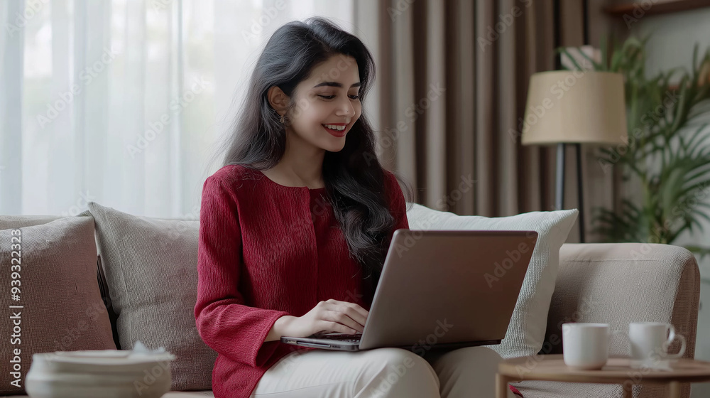 A young woman in a cozy setting enjoys using her laptop at home. The environment is relaxed, featuring soft lighting and comfortable furnishings, suggesting a peaceful and productive atmosphere. A young woman in a cozy setting enjoys using her laptop at home. The environment is relaxed, featuring soft lighting and comfortable furnishings, suggesting a peaceful and productive atmosphere.