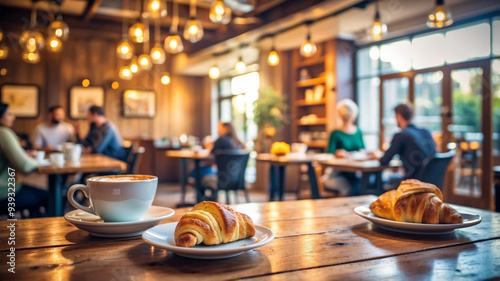 Wooden table with a cup of hot coffee and fresh croissants in the foreground, against the background of blurred visitors in a cozy cafe house with soft lighting