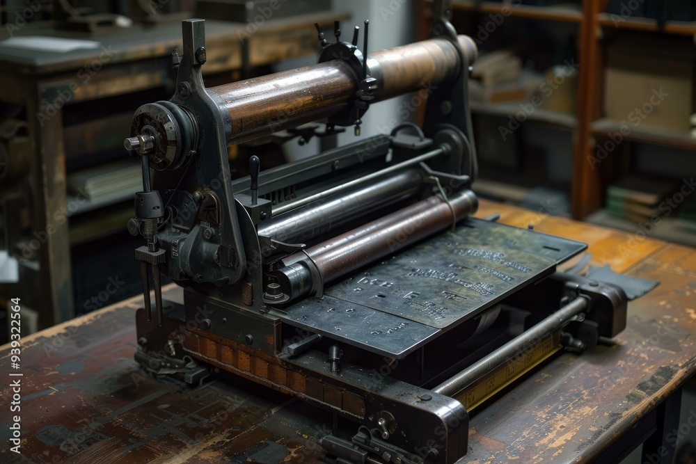 Fototapeta premium Antique printing press standing on wooden desk is representing old printing technology used for books and newspapers