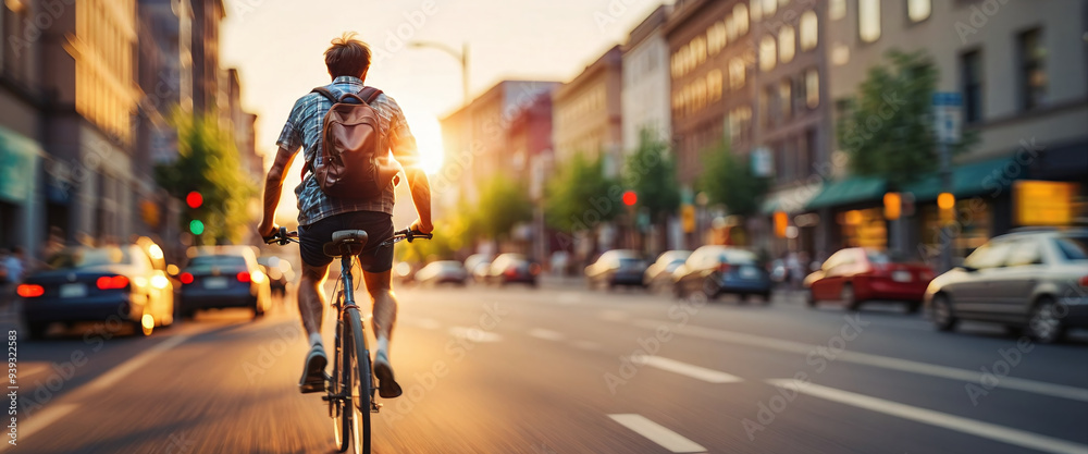 Cyclist or commuter who travels around the city by bike in summer, goes to work, does errands or shopping Cyclist or commuter who travels around the city by bike in summer, goes to work, does errands or shopping