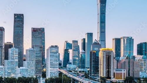 Day to Night Timelapse of Traffic at Guomao CBD and Guomao overpass in Beijing, China photo