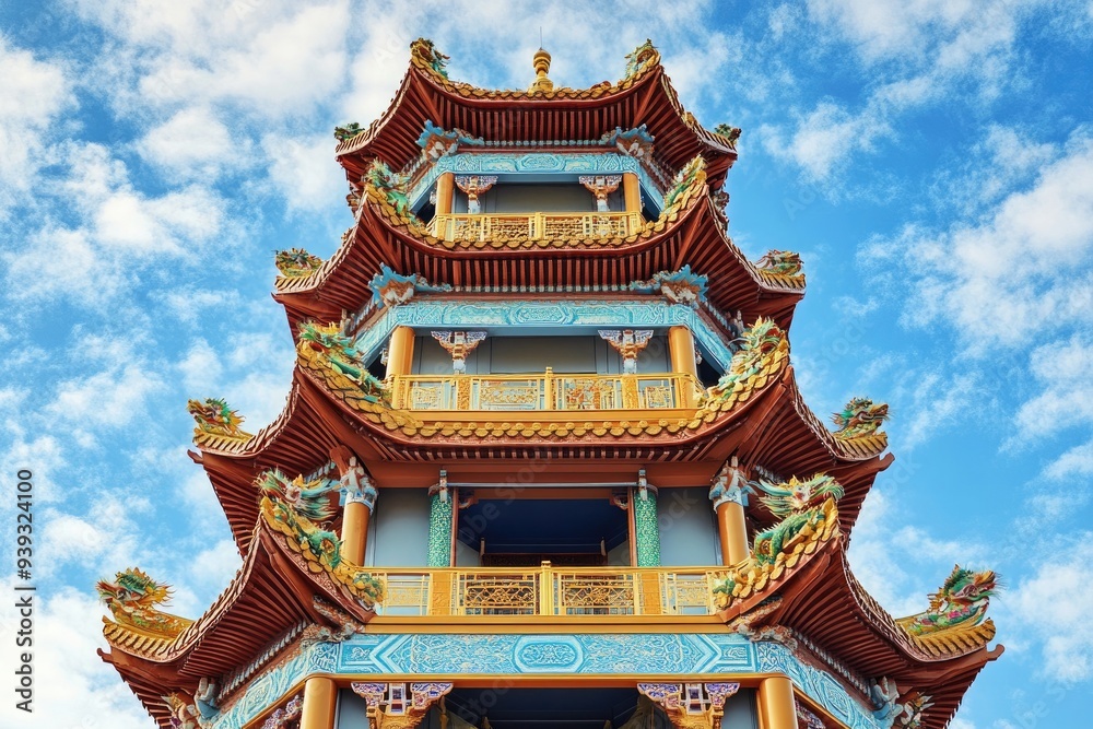 A wooden tower with golden dragon decoration, featuring traditional architecture and a blue sky background A wooden tower with golden dragon decoration, featuring traditional architecture and a blue sky background