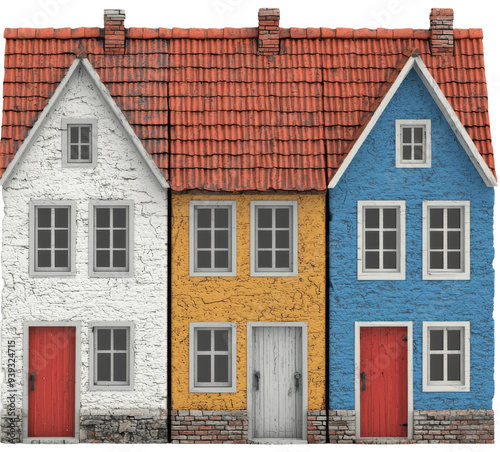 Colorful row of houses with unique designs, showcasing vibrant exteriors and charming details. cut out, isolated on transparent background.