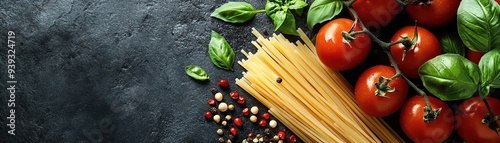 Italian cooking ingredients including tomatoes, pasta, and herbs on a dark surface