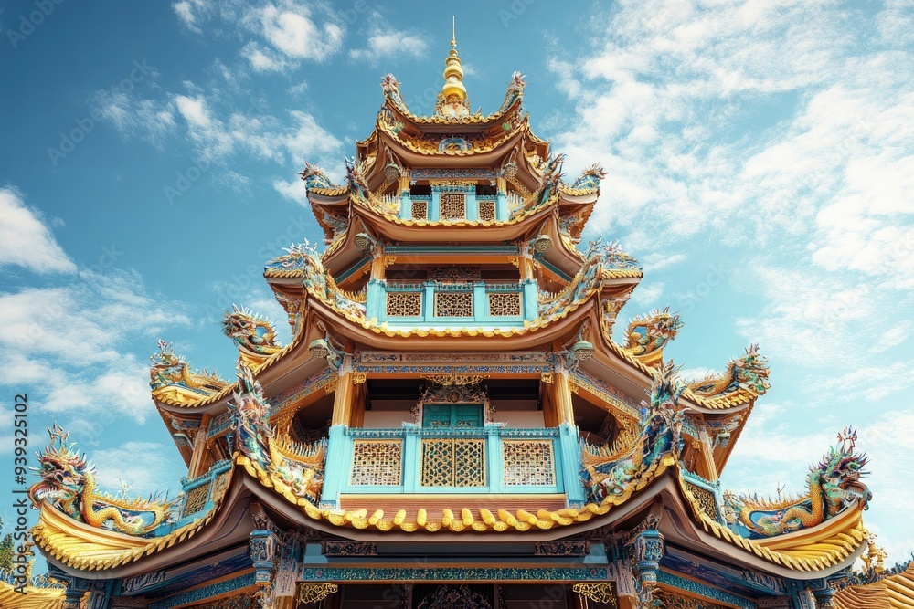 A wooden tower with golden dragon decoration, featuring traditional architecture and a blue sky background A wooden tower with golden dragon decoration, featuring traditional architecture and a blue sky background