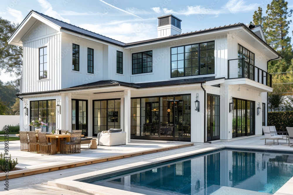 Modern two-story house with elegant pool, wood accents, large windows, and glass doors, Canon EOS R5 photo. Modern two-story house with elegant pool, wood accents, large windows, and glass doors, Canon EOS R5 photo.