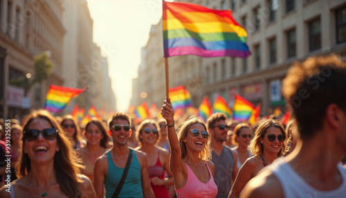 Among the streets, hundreds of people march with LGBTQ flags in the pride parade
 photo