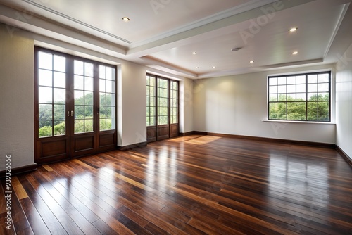 Serene and minimalist interior scene featuring a vacant room with a rich brown wood pattern floor, crisp white walls, and a large window letting in natural light.