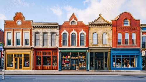 Fototapeta Naklejka Na Ścianę i Meble -  Colorful historic storefronts line a quaint street under a clear sky, showcasing charming small businesses and vibrant architecture.