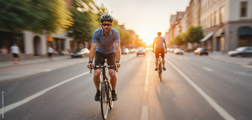 Cyclist or commuter who travels around the city by bike in summer, goes to work, does errands or shopping Cyclist or commuter who travels around the city by bike in summer, goes to work, does errands or shopping
