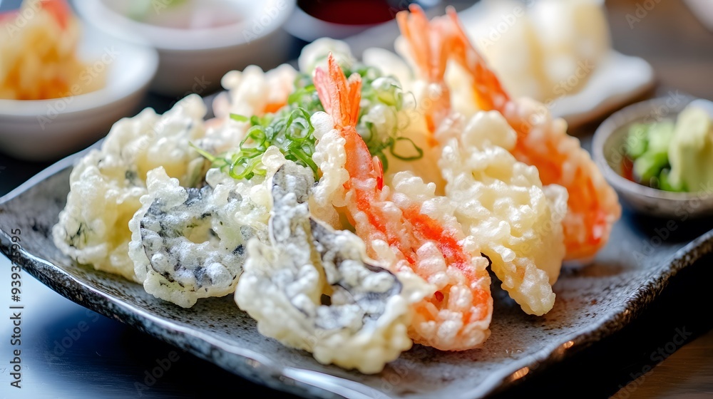 Close-up of Fried Tempura Shrimp and Vegetables Close-up of Fried Tempura Shrimp and Vegetables