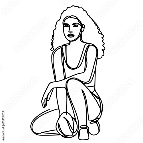 one linear vector drawing of a girl squatting with a ball in her hand