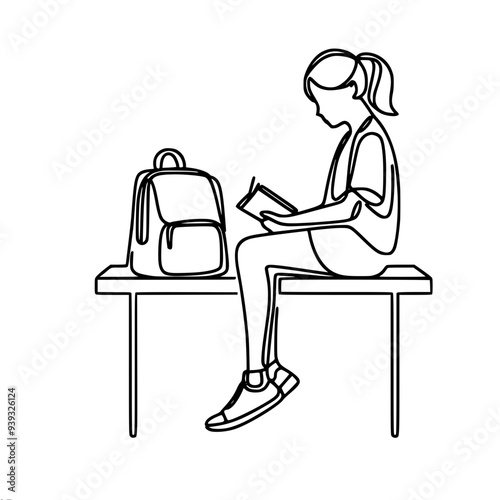 one linear vector drawing of a schoolboy girl with a backpack sitting on a bench and writing something in a notebook