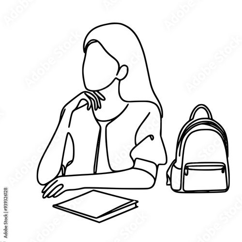 one linear vector drawing of a schoolboy girl sitting at a desk, a backpack stands on the desk