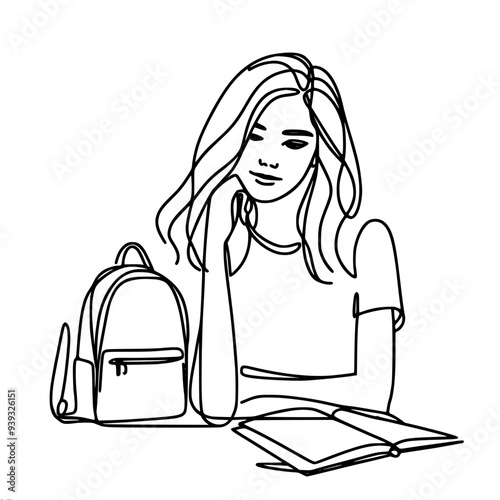 one linear vector drawing of a schoolboy girl sitting at a desk, a backpack is on the desk, the girl is reading