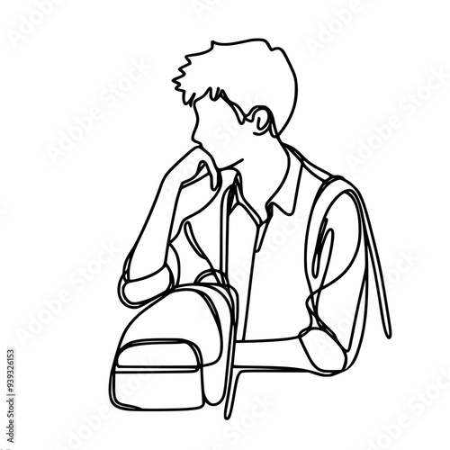 one linear vector drawing of a schoolboy with a backpack, sitting thoughtfully with his head buried in his hand