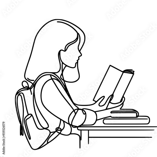 single line vector drawing of a schoolgirl girl with a backpack reading a book