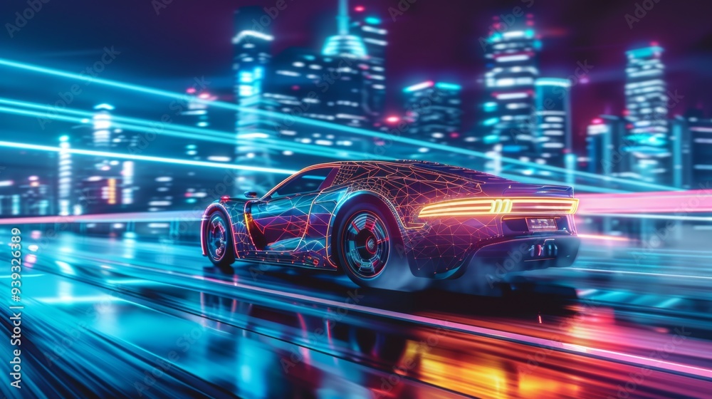 A sleek, neonlit sports car speeds through a vibrant, bustling city filled with dazzling lights and energy A sleek, neonlit sports car speeds through a vibrant, bustling city filled with dazzling lights and energy
