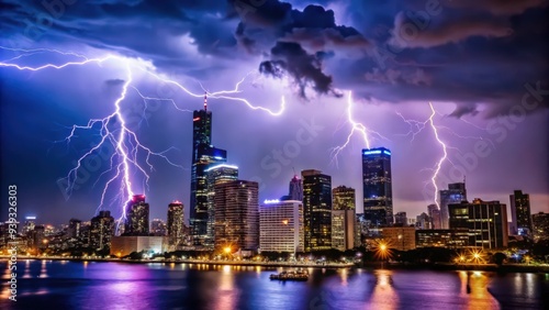 Lightning Strikes Skyscrapers Over a City Waterfront