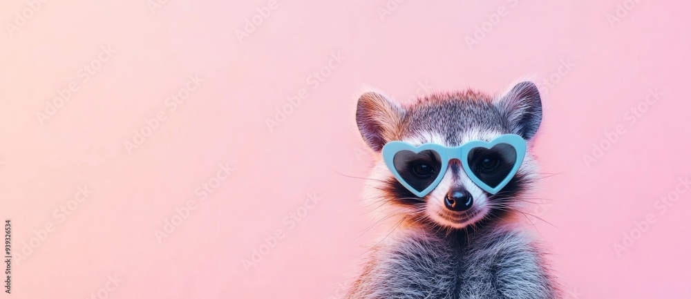 A cute raccoon is wearing heartshaped sunglasses against a pink background
